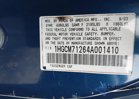 2004 Honda Accord 2.4 Lx from USA, damaged, VIN 1HGCM71264A001410